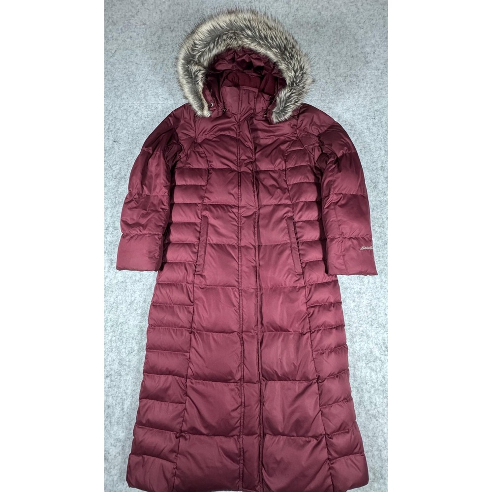 Eddie Bauer Womens Medium Red Down Parka Hooded Faux Fur Quilted Long Coat